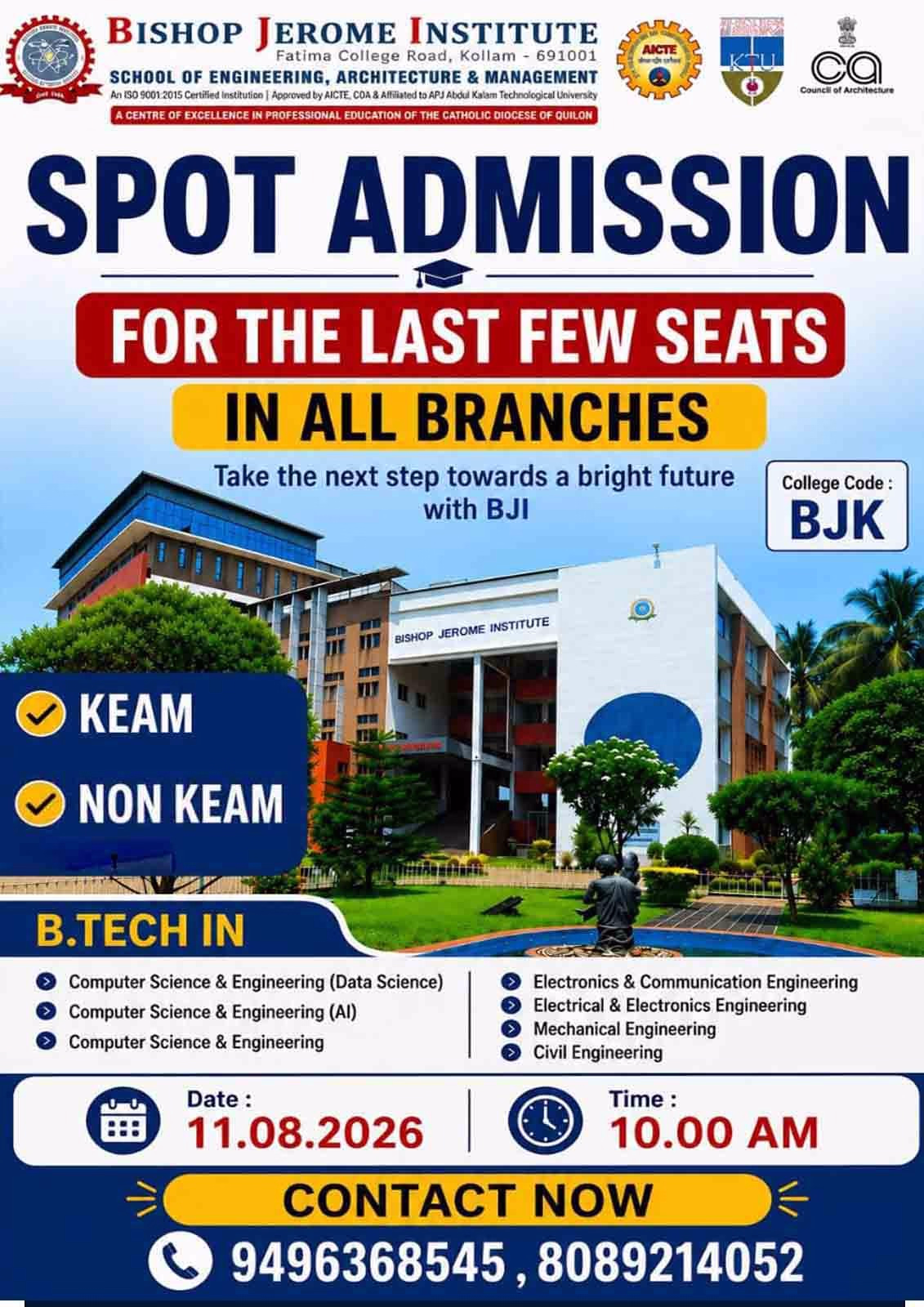 Spot Admission for B.Tech Programs | Bishop Jerome Institute (BJK), Kollam