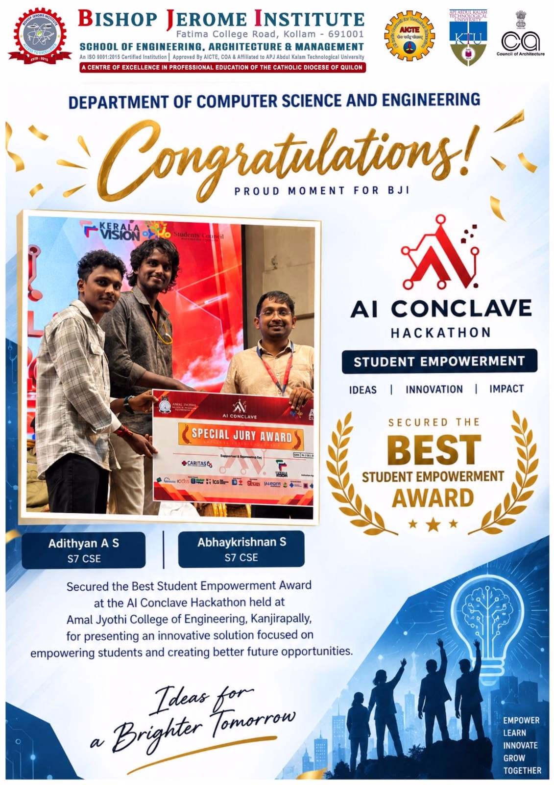BJI Computer Science Department Secures Best Student Empowerment Award at Amal Jyothi AI Conclave