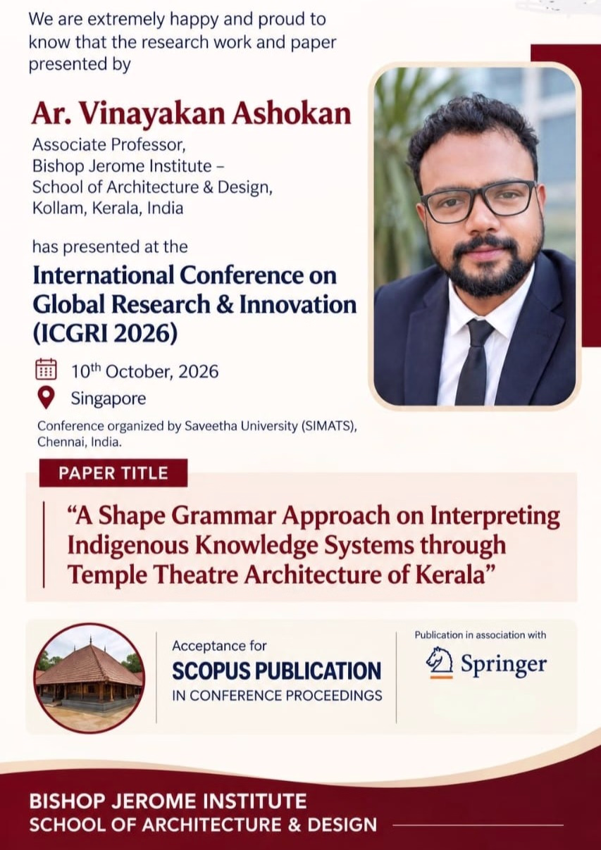 Faculty Achievement: Ar. Vinayakan Ashokan Presents Architectural Research at ICGRI 2026 in Singapore