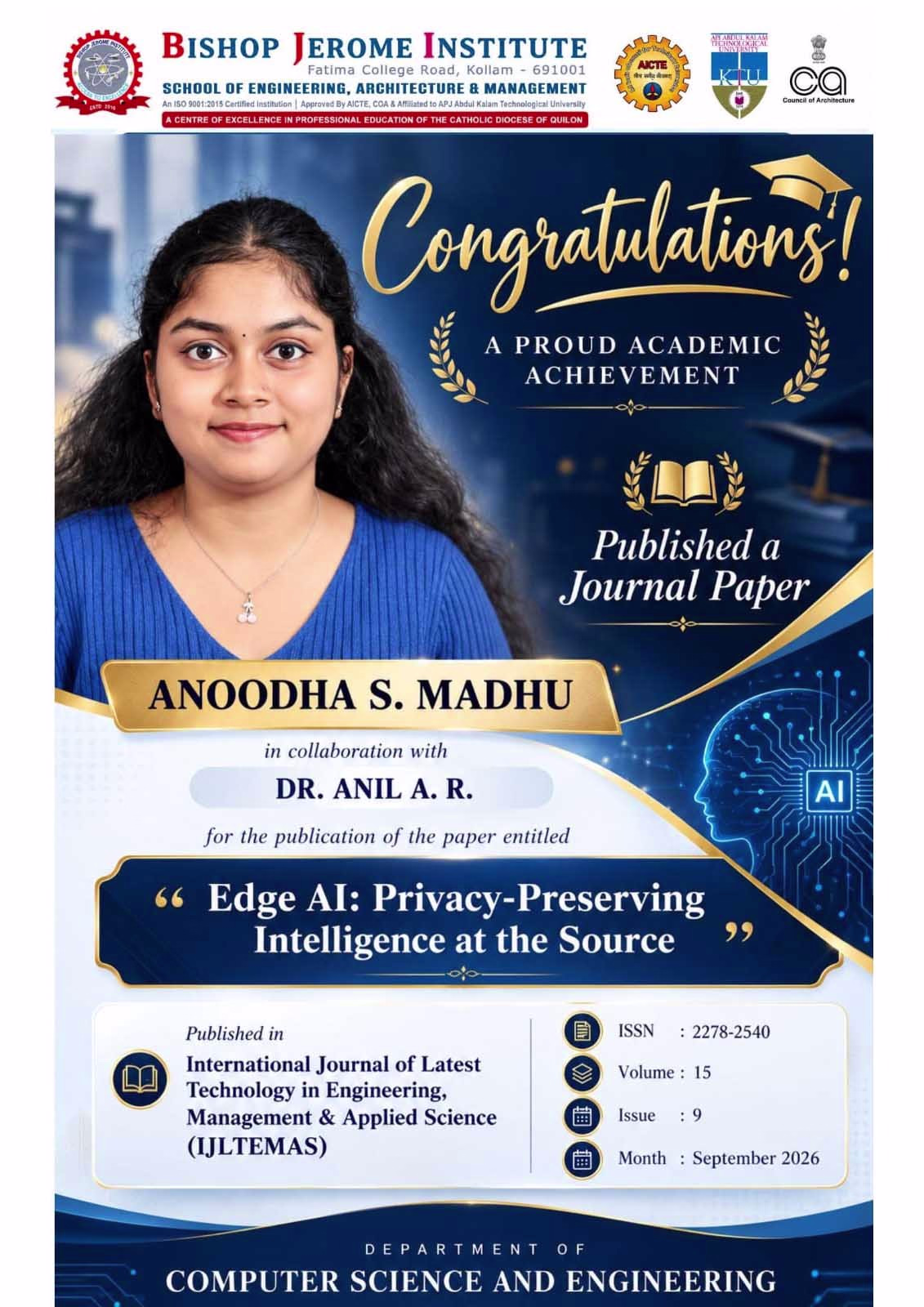 Celebrating Academic Excellence: Anoodha S. Madhu Publishes Research Paper on 'Edge AI'