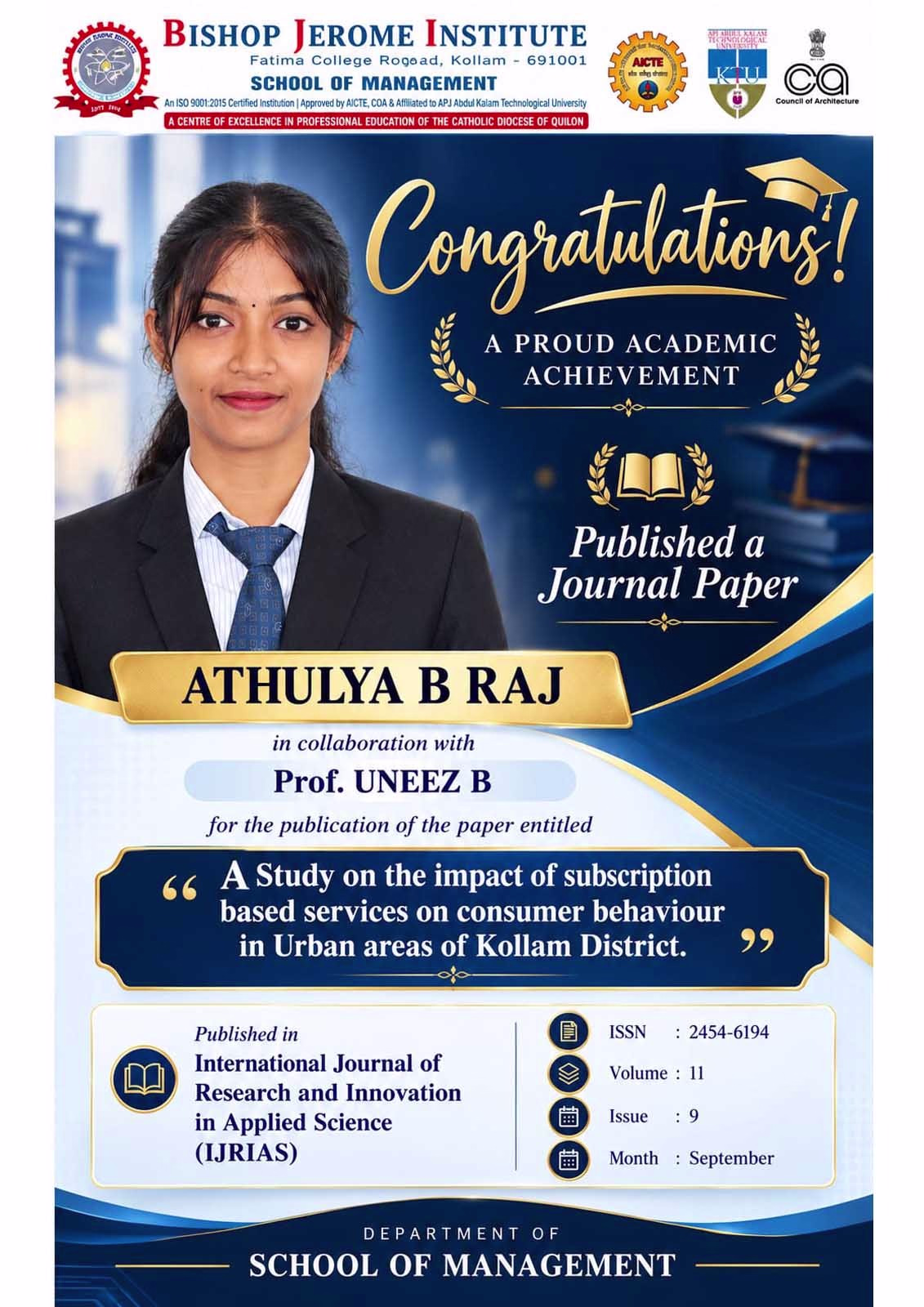A Proud Academic Achievement: Athulya B Raj Publishes Research Paper in International Journal (IJRIAS)