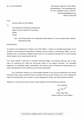 Appreciation for Outstanding Project Report on Jimmy George Indoor Stadium Development-(B.Arch)