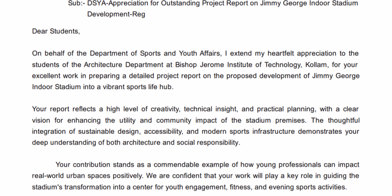 Appreciation for Outstanding Project Report on Jimmy George Indoor Stadium Development-(B.Arch)